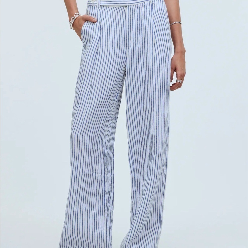 Madewell The Harlow Wide-Leg Pant in 100% Linen White/Blue Stripes Size 8 NWT - Picture 3 of 11